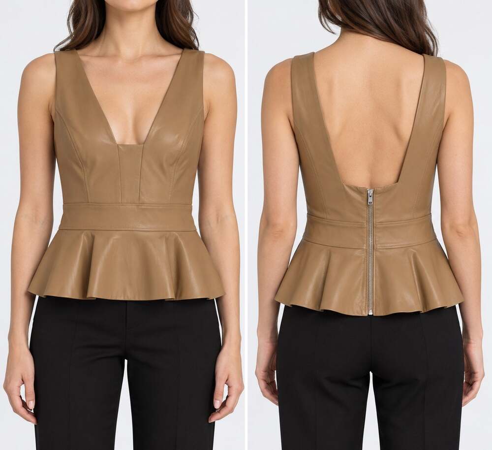 BCBGMAXAZRIA Women's Tan Faux Leather Peplum Top Size L Back Zip NWT Coquette